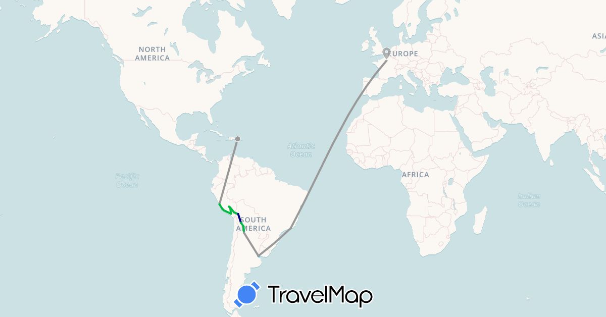 TravelMap itinerary: driving, bus, plane, boat in Argentina, Bolivia, Brazil, Dominican Republic, France, Peru (Europe, North America, South America)